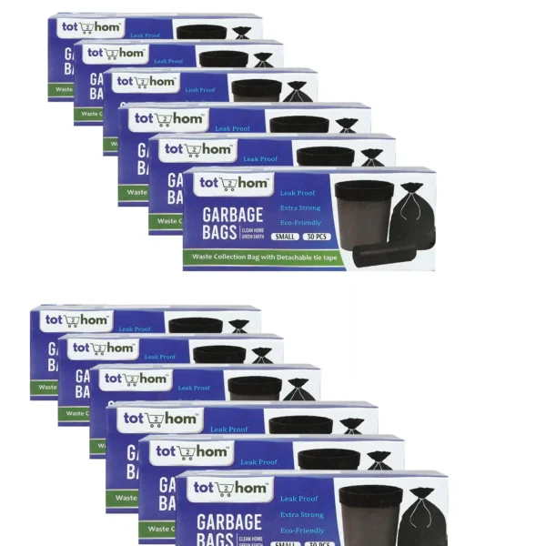 Tot2hom Small Size Garbage Bags 17 x 19 Inches – Black - Pack of 12 Rolls 360 Bags | with Tie-String Strong Leak-Proof Dustbin Covers for Home, Office, Kitchen, Bathroom, hotel, hospital, Parlour,cafe