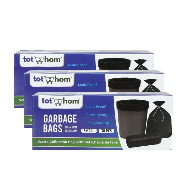 Tot2hom Small Size Garbage Bags 17 x 19 Inches – Black - Pack of 3 Rolls 90 Bags | with Tie-String | Strong Leak-Proof Dustbin Covers for Home, Office, Kitchen, Bathroom, Cafe's, Clinics, Parlours