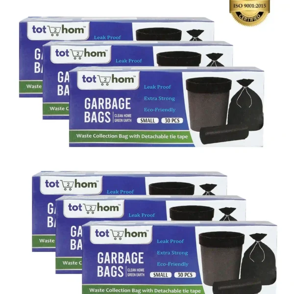 Tot2hom Small Size Garbage Bags 17 x 19 Inches – Black - Pack of 6 Rolls - 180 Bags | with Tie-String | Strong Leak-Proof Dustbin Covers for Home, Office, Kitchen, Bathroom, Clinics, Parlour, cafe's
