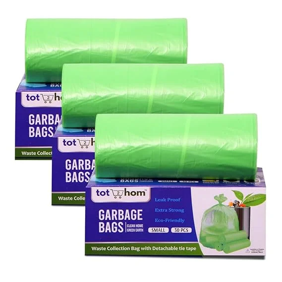 Tot2hom - Small Size Green Garbage Bags 17 x 19 Inches Pack of 3 Roll 90 Bags with Tie-String Strong Leak-Proof Dustbin Covers for Home, Office, Kitchen, Bathroom, hospitals, hotels,Cafe