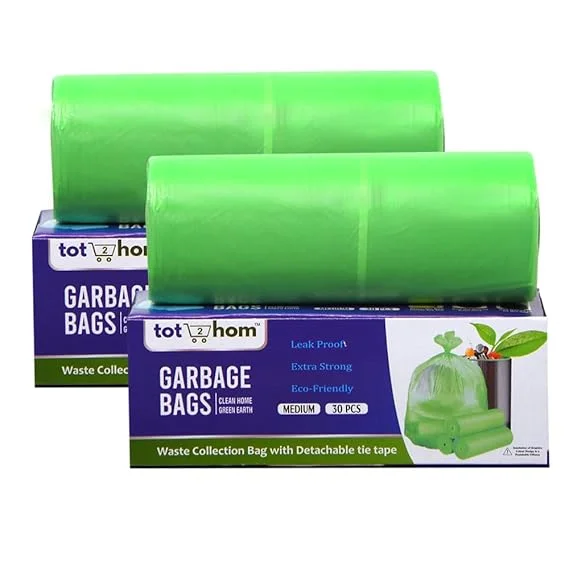 Tot2hom Green Garbage Bags Medium Size 19 x 21 Inches – Pack of 2 Roll - 60 Bags | with Tie-String | Strong Leak-Proof Dustbin Covers/waste bag/trash bag for Home, Office, Kitchen, Bathroom