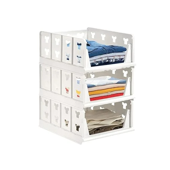Tot2hom Medium Size 3 Layer Foldable Stackable Wardrobe cloth Organizer Plastic Storage Box Modular Closet Shelf for Saree, Jeans, T-Shirts & Kids Clothing Space Saving Cabinet Organiser (White)