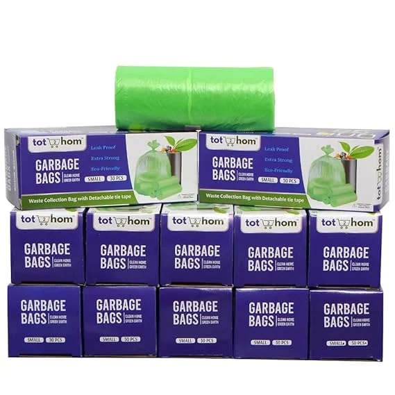 Tot2hom - Green Garbage Bags 17 x 19 Inches - Small Size - Pack of 12 Rolls 360 Bags with Tie-String Strong Leak-Proof Dustbin Covers for Home, Office, Kitchen, Bathroom