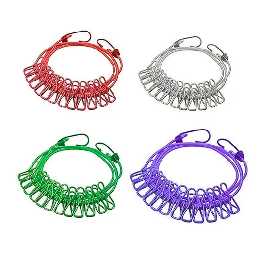 Tot2Hom Retractable Clothes Drying Rope with 12 Clips – Pack of 4