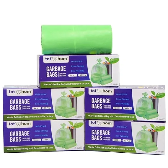 Tot2hom Garbage Bags | green | Tie-String 17×19 Inch (150 Bags)  Pack of 5 Rolls
